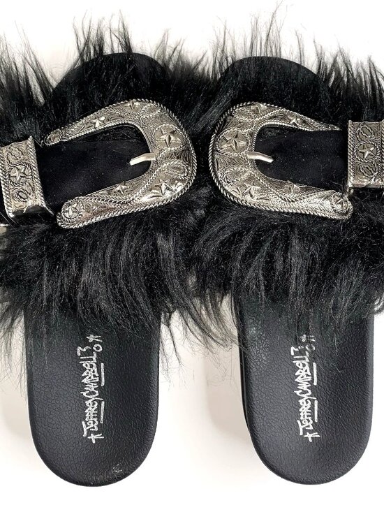 Jeffrey Campbell Shoes - JEFFREY CAMPBELL Black Fur WESTERN BELT BUCKLE Platform SLIDES 9 Whimsygoth Y2K